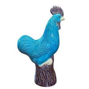 Vintage Asian Chicken Rooster Blue Purple Glazed Porcelain Statue 8” Sculpture